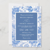 Blue Watercolor Botanical Budget QR Code Wedding 招待状 (正面)