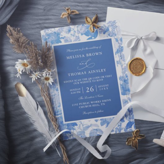 Blue Watercolor Botanical Budget QR Code Wedding 招待状