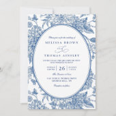 Blue Watercolor Botanical Florals QR Code Wedding 招待状 (正面)