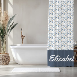 Blue Watercolor Botanical Pattern Custom Name シャワーカーテン