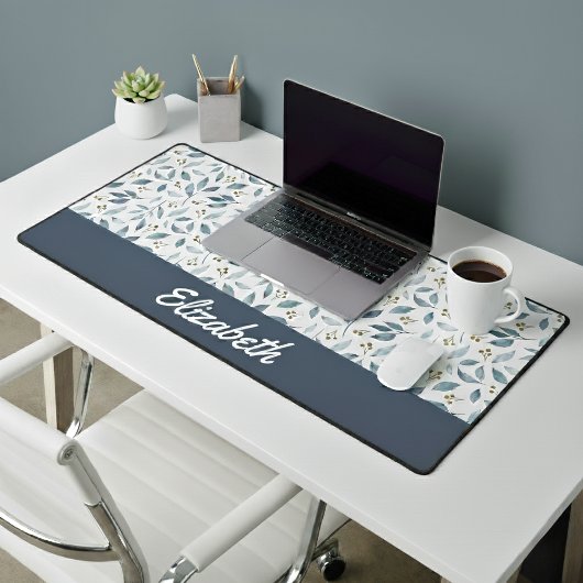 Blue Watercolor Botanical Pattern Custom Name デスクマット