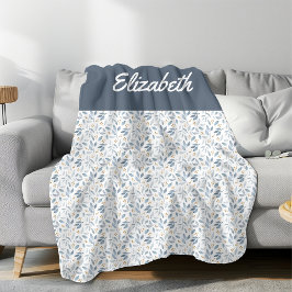 Blue Watercolor Botanical Pattern Custom Name フリースブランケット