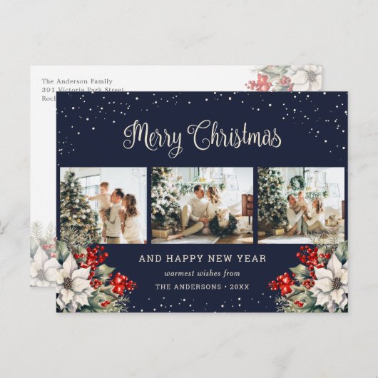 Blue Watercolor Botanical Snow Photo Collage シーズンポストカード (正面/裏面)