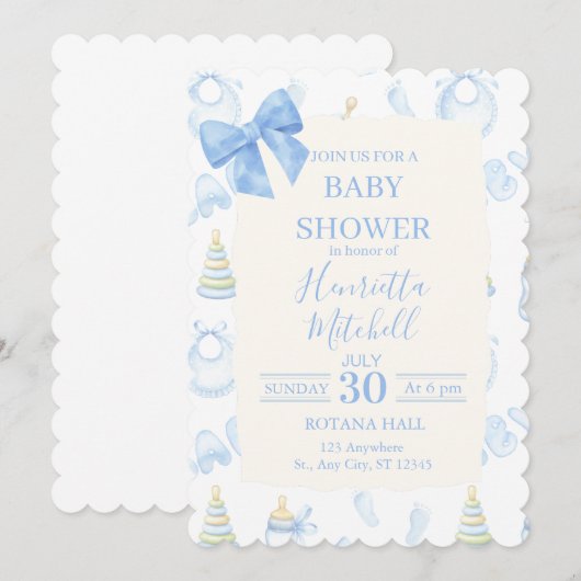 Blue Watercolor Boy Baby Shower Invitation 招待状 (正面/裏面)