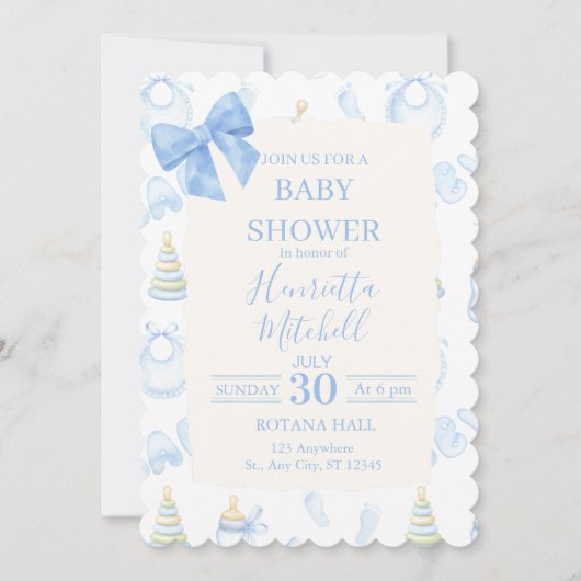 Blue Watercolor Boy Baby Shower Invitation 招待状 (正面)