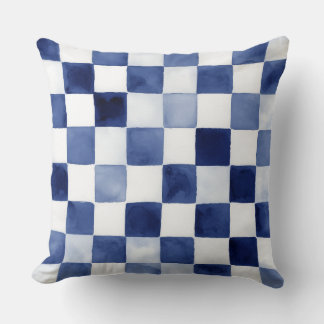 Blue Watercolor Checkered Decorative Throw Pillow  クッション