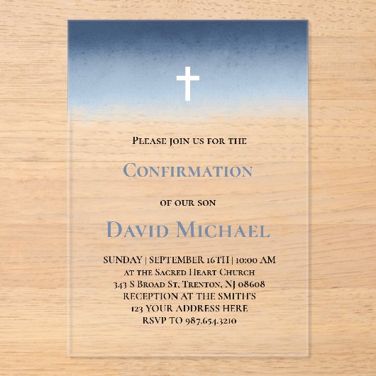 blue watercolor Confirmation boy アクリル招待状 (正面)
