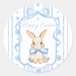 Blue Watercolor Cottage Bow Bunny Easter ラウンドシール