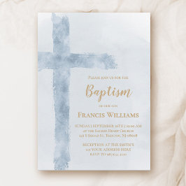 blue watercolor cross Baptism  招待状