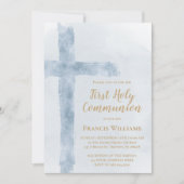 blue watercolor cross First Holy Communion 招待状 (正面)