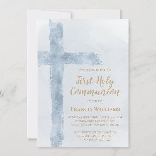 blue watercolor cross First Holy Communion 招待状 (正面)