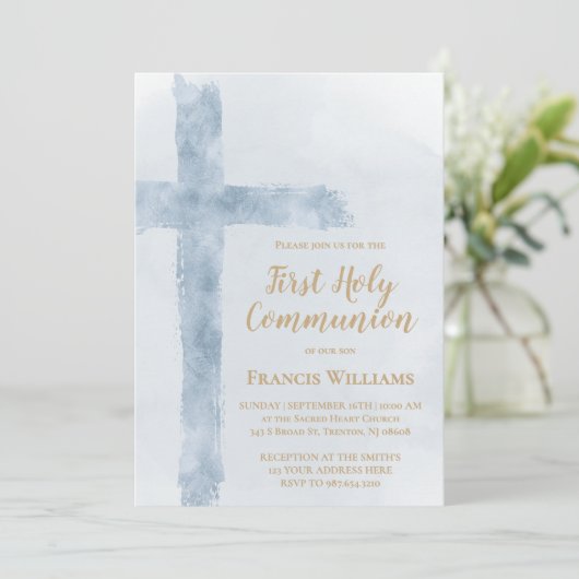 blue watercolor cross First Holy Communion 招待状 (スタンド正面)