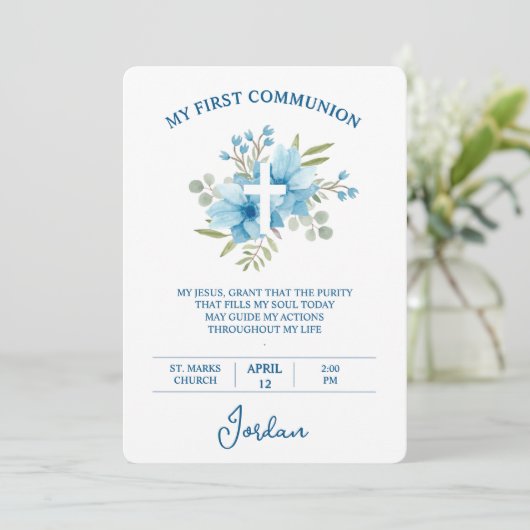 Blue Watercolor Cross First Holy Communion 招待状 (スタンド正面)
