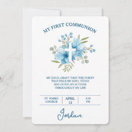 Blue Watercolor Cross First Holy Communion 招待状