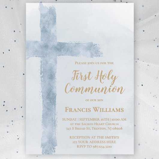 blue watercolor cross First Holy Communion 招待状