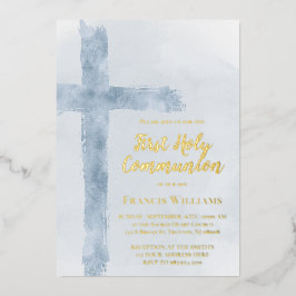 blue watercolor cross First Holy Communion 箔招待状