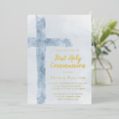 blue watercolor cross First Holy Communion 箔招待状 (立ち正面)