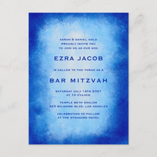 Blue Watercolor Custom  Bar Bat Mitzvah ポストカード (正面)