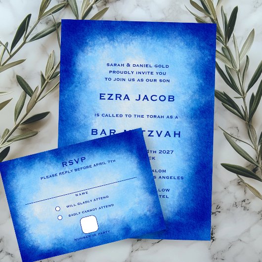 Blue Watercolor Custom Bar Bat Mitzvah 出欠カード