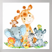 Blue Watercolor Cute Safari Jungle Animals ポスター (正面)