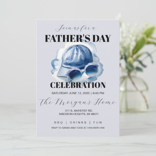Blue Watercolor Dad's Hat and Sunglasses   招待状 (スタンド正面)