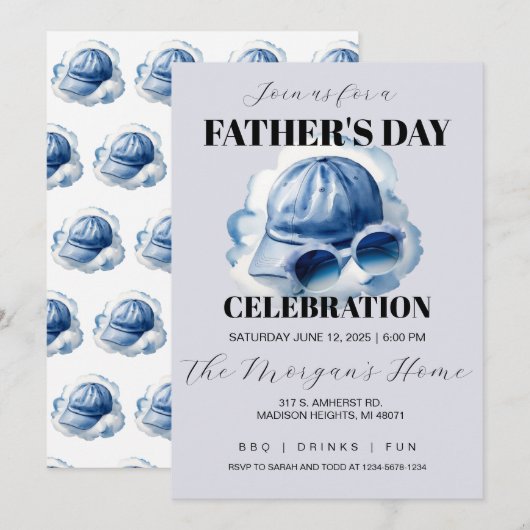 Blue Watercolor Dad's Hat and Sunglasses   招待状 (正面/裏面)