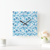 Blue Watercolor Daisies スクエア壁時計 (ホーム)