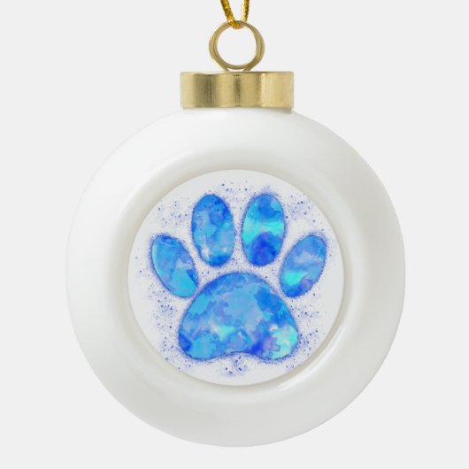 Blue Watercolor Dog Paw Print セラミックボールオーナメント (正面)