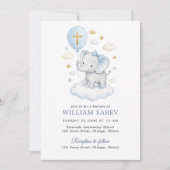 Blue Watercolor Elephant Baptism Cross and Clouds 招待状 (正面)