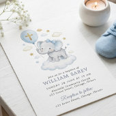 Blue Watercolor Elephant Baptism Cross and Clouds 招待状