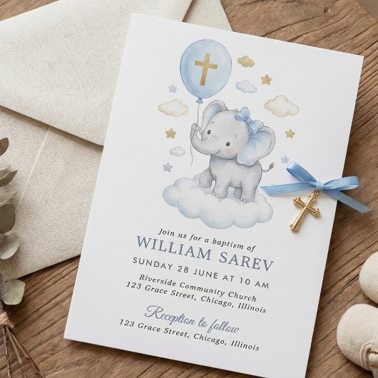 Blue Watercolor Elephant Baptism Cross and Clouds 招待状
