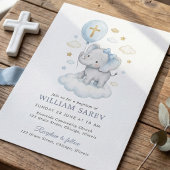 Blue Watercolor Elephant Baptism Cross and Clouds 招待状