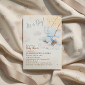 Blue Watercolor Elephant Swing Boy Baby Shower 招待状
