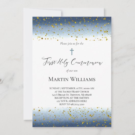  blue watercolor First Communion  招待状 (正面)