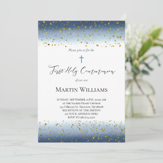  blue watercolor First Communion  招待状 (スタンド正面)