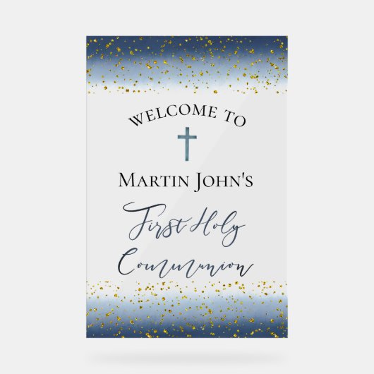  blue watercolor First Communion welcome アクリルサイン (正面)