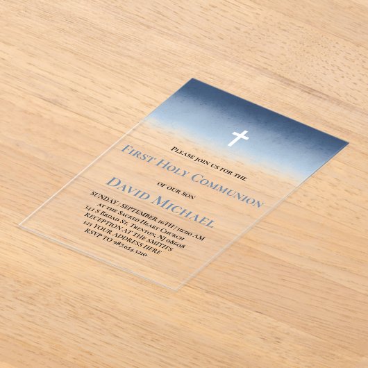 blue watercolor First Holy Communion boy アクリル招待状 (レイダウン)