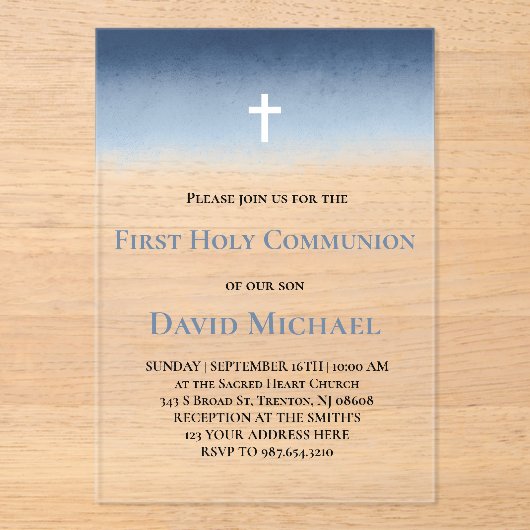 blue watercolor First Holy Communion boy アクリル招待状 (正面)