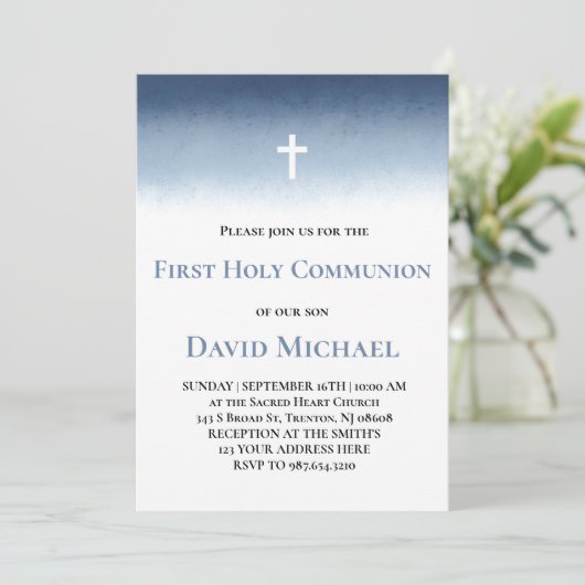 blue watercolor First Holy Communion boy 招待状 (スタンド正面)