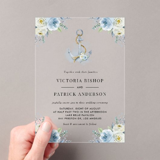 Blue Watercolor Floral Anchor Coastal Wedding アクリル招待状 (インサイチュ (ポータブル))