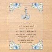 Blue Watercolor Floral Anchor Coastal Wedding アクリル招待状 (正面)