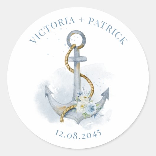 Blue Watercolor Floral Anchor Nautical Wedding ラウンドシール (正面)