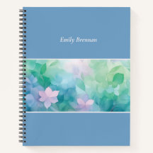 Blue Watercolor Floral Custom Name Notebook