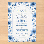 Blue Watercolor Floral Elegant Blossom Romantic アクリル招待状 (正面)