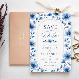 Blue Watercolor Floral Elegant Blossom Romantic セーブザデート