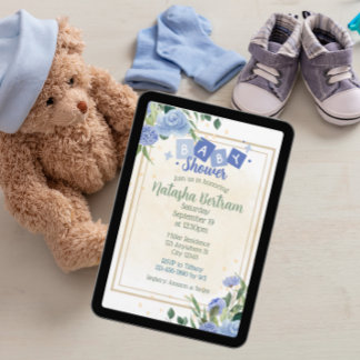 Blue Watercolor Floral Leaves Baby Shower 招待状