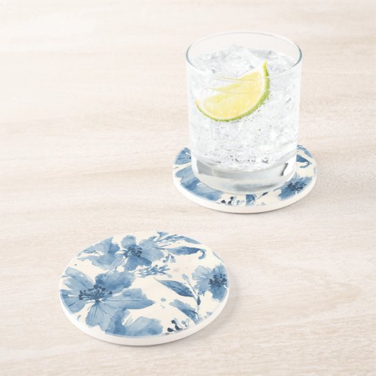 Blue Watercolor Floral Painted Botanical Whimsical コースター (側面)