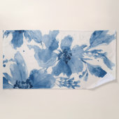 Blue Watercolor Floral Painted Botanical Whimsical ビーチタオル (正面)