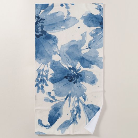 Blue Watercolor Floral Painted Botanical Whimsical ビーチタオル (正面)