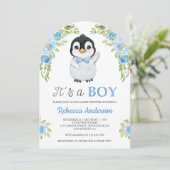 Blue Watercolor Floral Penguin Baby Shower 招待状 (スタンド正面)